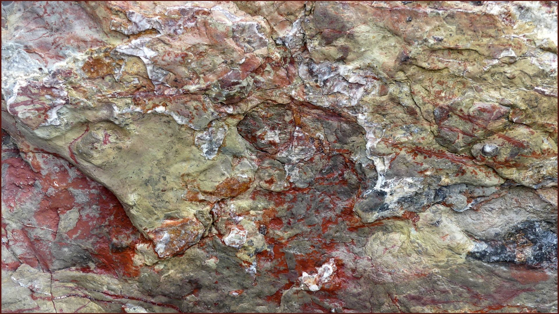 Close-up detail of the natural colour and texture of a rip-rap boulder (rock armour) on Seatown beach in Dorset