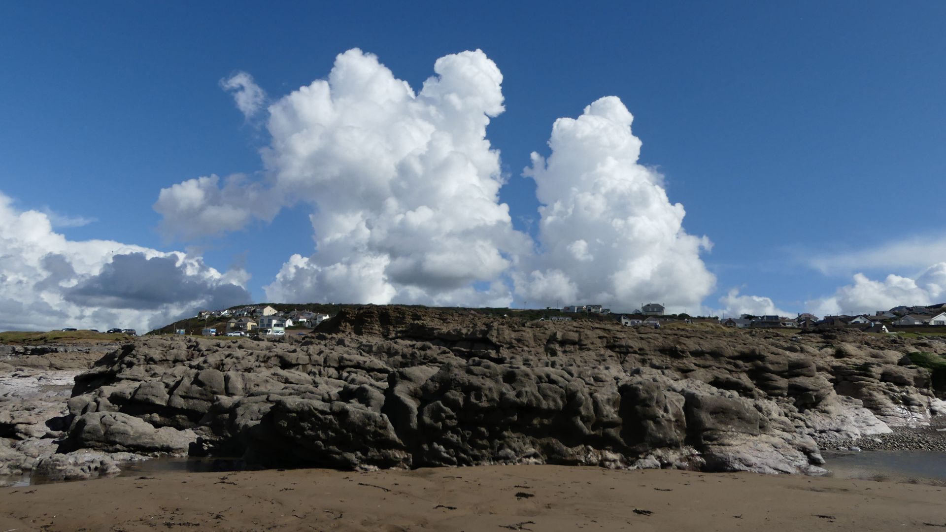 Small headland of Triassic conglomerate rock at Ogmore-by-Sea on the Glamorgan Heritage Coast in South Wales