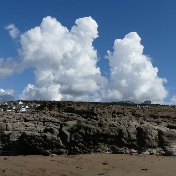 Small headland of Triassic conglomerate rock at Ogmore-by-Sea on the Glamorgan Heritage Coast in South Wales